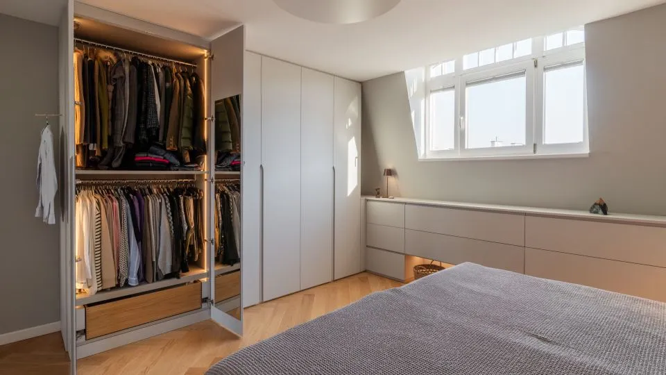 Schlafzimmer mit begehbarem Kleiderschrank und Sideboard