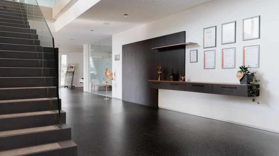 Heller Empfangsbereich mit Theke und Bilderwand