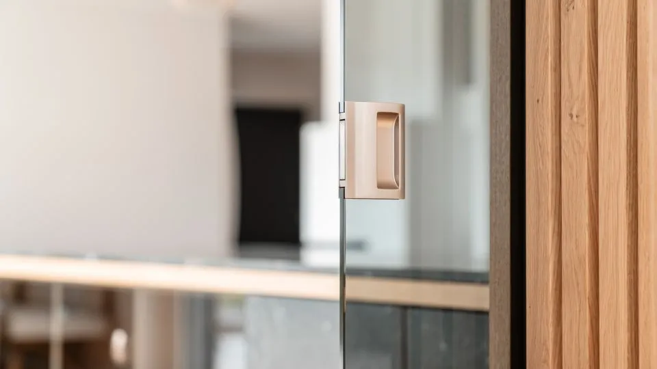 Detail einer Griffleiste an einer hellen Küchenfront