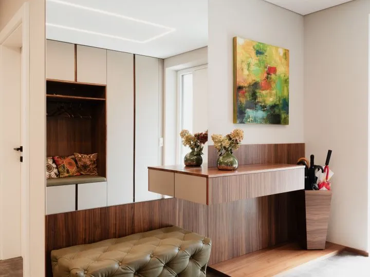 Vorzimmer mit Sideboard aus Holz, Trockenblumen und offener Garderobennische