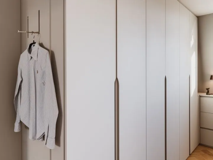 Kleiderschrank mit weißen Fronten, davor ein aufgehängtes Hemd